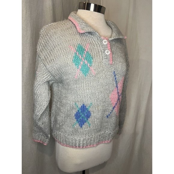 EVIAN II Knitted by Hand Women's Sweater Size M Long Sleeve Collar Grey/Pink - Picture 8 of 13